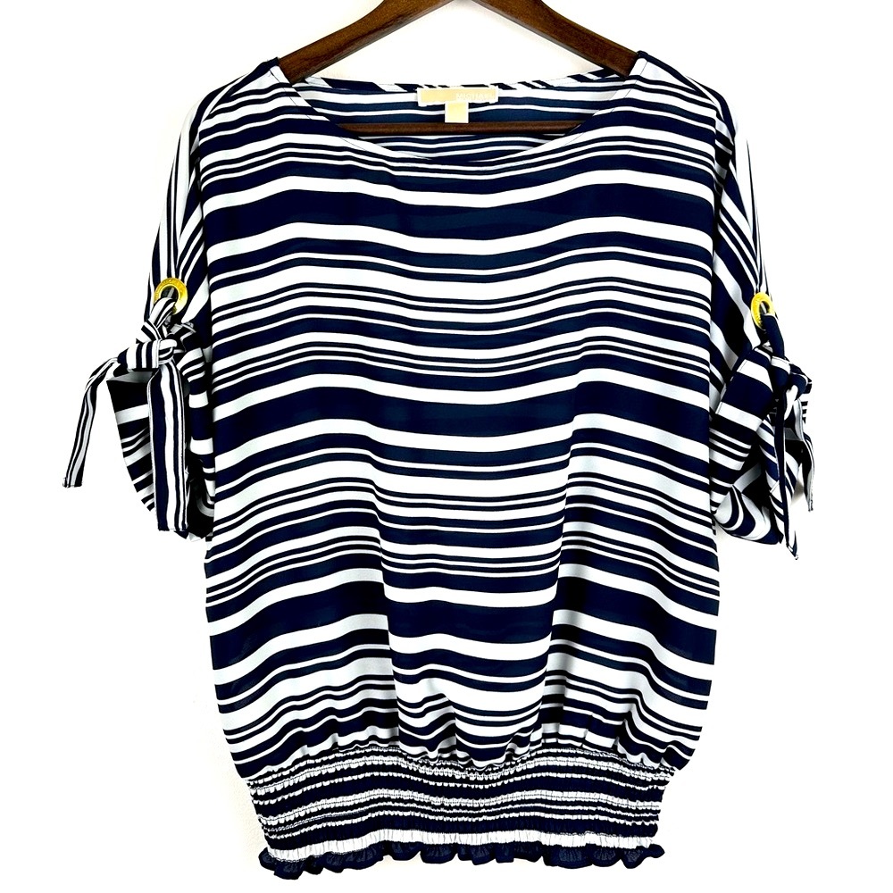 Michael Kors Navy Striped Smocked Ruffled Grommet Tie Sleeve Boat Neck Top Sz L